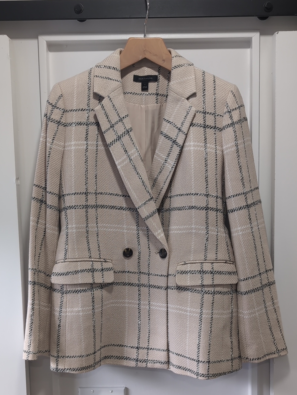 Ann Taylor Beige Cotton Windowpane Plaid Double-Breasted Blazer Size 2
